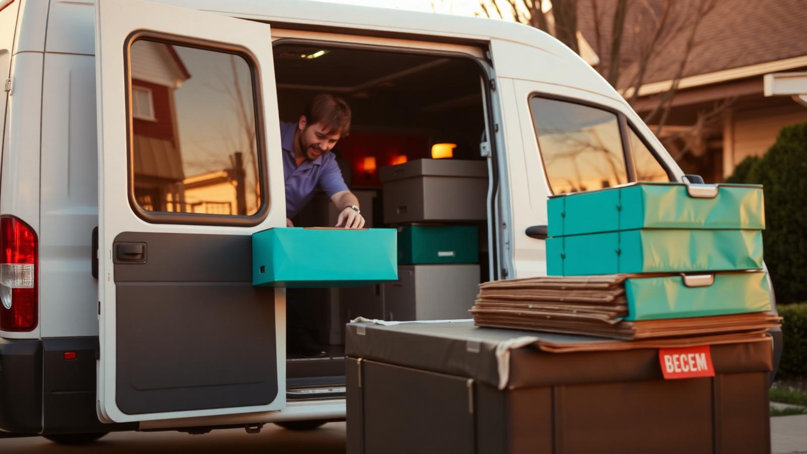 Delivery van at a doorstep exchanging a reusable teal shipping box for a stack of folded empties