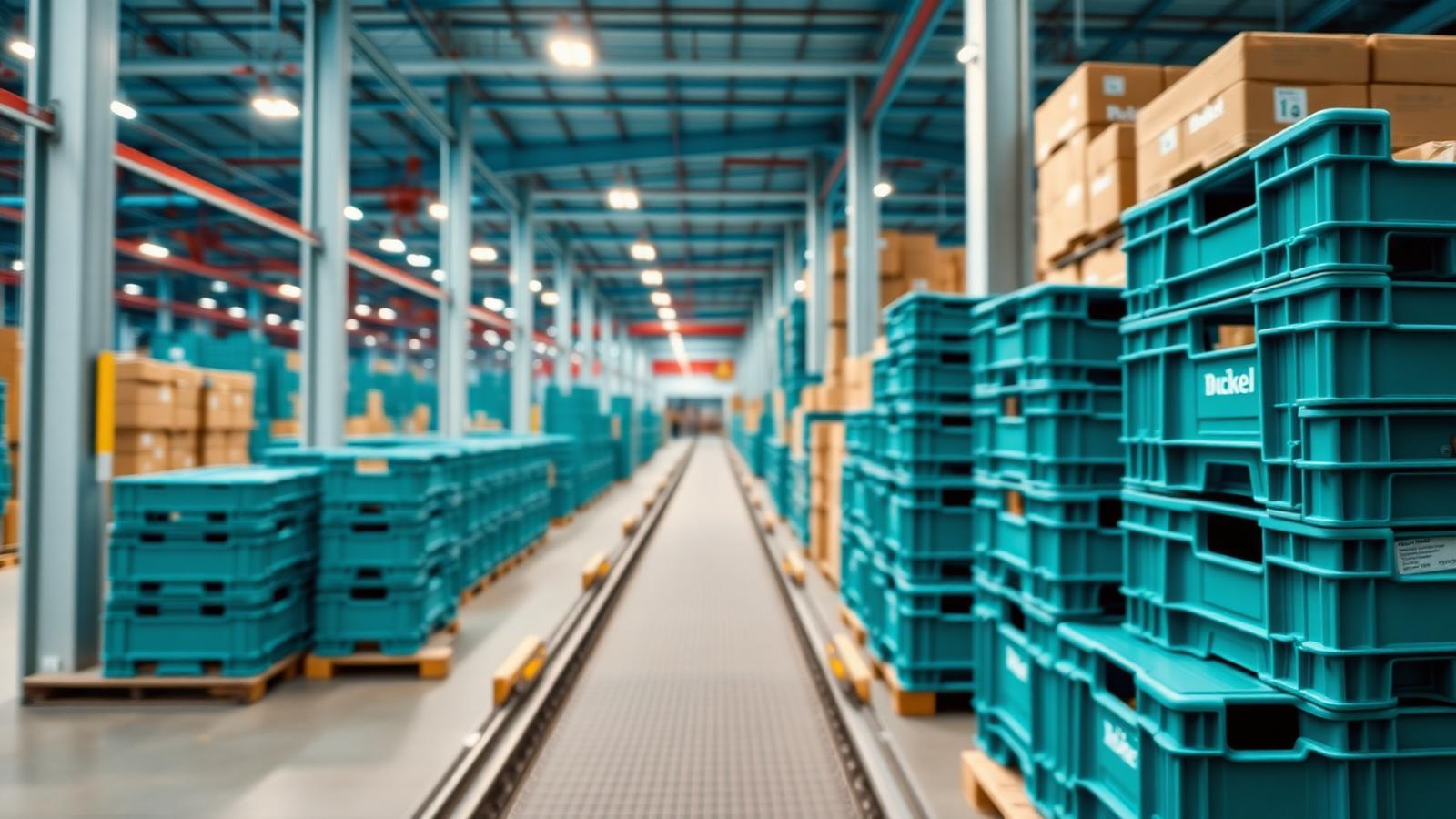 Fulfillment center aisle stacked with teal reusable PlastiqBox containers beside a conveyor line